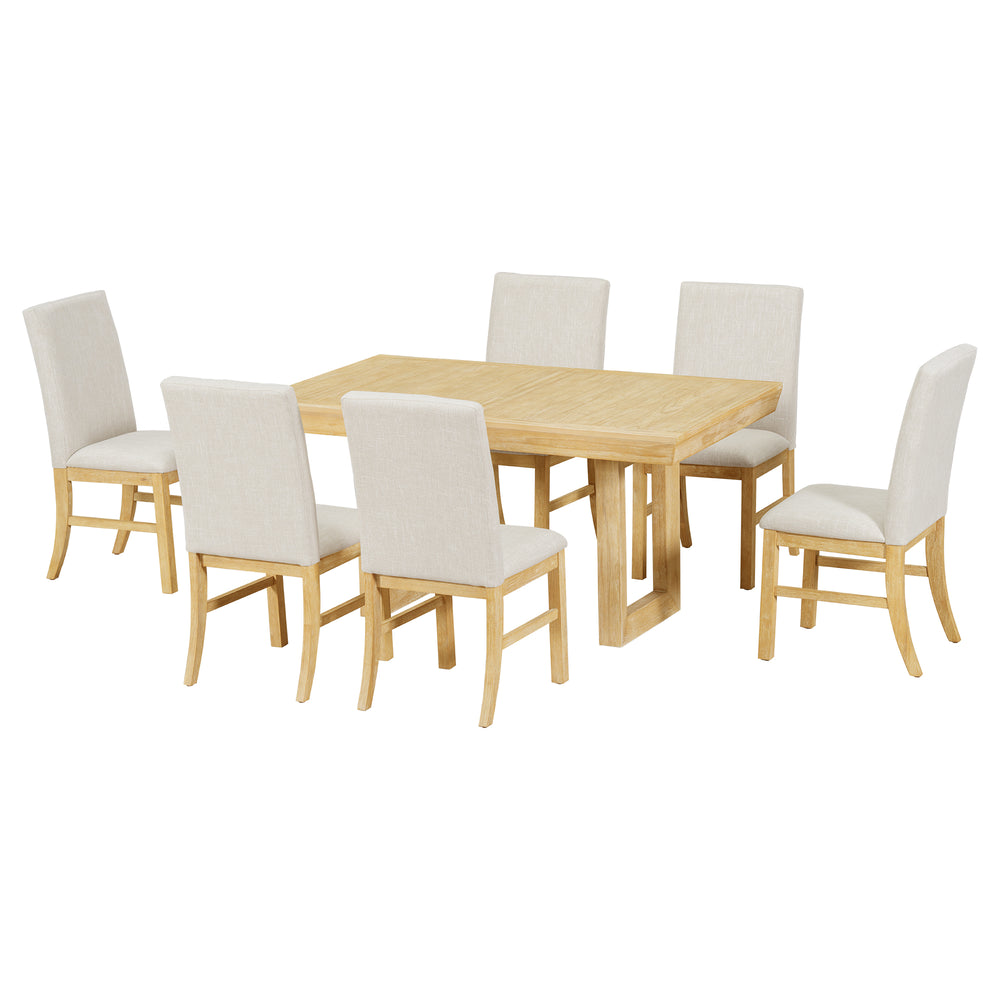English Elm TOPMAX 7-Piece Extendable Dining Set with 12" Self-Hidden Butterfly Leaf and Upholstered Chairs, Distressed White Wire-Brushed Finish Natural SP000059AAA