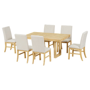 English Elm TOPMAX 7-Piece Extendable Dining Set with 12" Self-Hidden Butterfly Leaf and Upholstered Chairs, Distressed White Wire-Brushed Finish Natural SP000059AAA