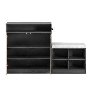 English Elm U_style Entryway Console Set with Wavy Doors Cushioned Bench and Adjustable Shoe Storage N711P345166M