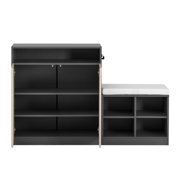 English Elm U_style Entryway Console Set with Wavy Doors Cushioned Bench and Adjustable Shoe Storage N711P345166M