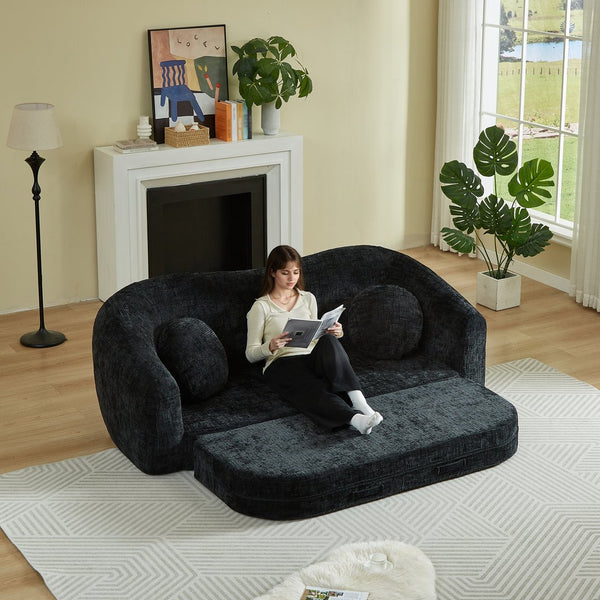 English Elm 86-inch Curved Chenille Convertible Sofa Recliner Frameless Folding Two-seater for Living Room Black W3505P452820