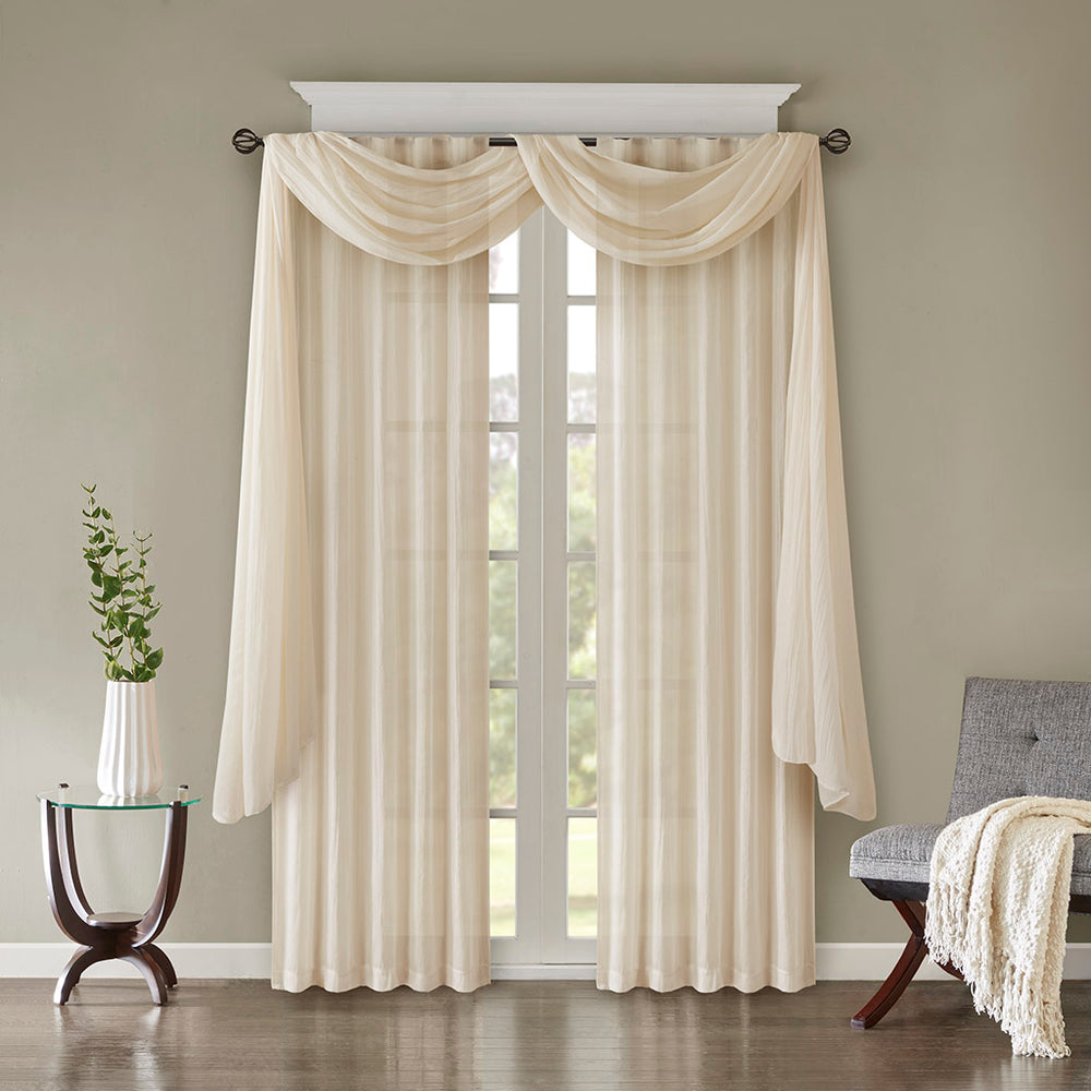 JLA Home Madison Park - Solid Crushed Sheer scarf in Rich Cream — Lightweight textured window drape that softly filters light and layers beautifully 144 L x 42 W x 0.13H MP40-4528