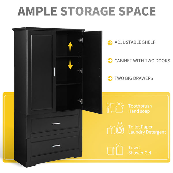 English Elm Tall Bathroom Storage Cabinet – Slim Black MDF Organizer with 2 Doors, 2 Drawers, Adjustable Shelves, Anti-Tip Device N725P172882B