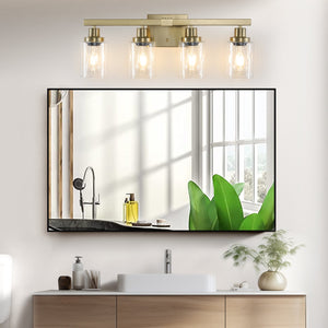 English Elm 24" Golden 4-Light Vanity Light with Clear Glass Shades, Modern Iron Bathroom Wall Fixture for Mirror W2312P374800