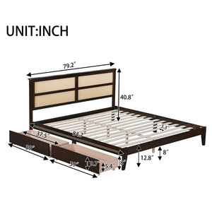 English Elm King Rattan Bed with Two Under-Storage Drawers, Rubberwood Slats, Durable 600 lb Capacity Frame Espresso W504S00228