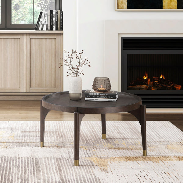 English Elm Dark Round End Table with Gold-Tipped Solid Wood Legs, 24" Dia x 24"H Luxury Living Accent Piece Dark Brown 38 L x 37 W x 7 H B011P351974