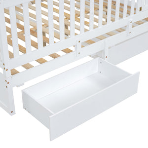 English Elm Full Size Pinewood Kids Daybed with Fence Rails Split Floor Bed and Storage Drawers White LP100882AAK