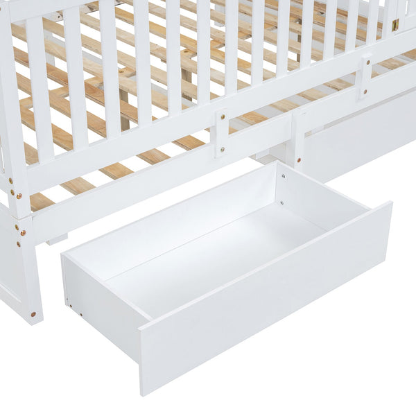 English Elm Full Size Pinewood Kids Daybed with Fence Rails Split Floor Bed and Storage Drawers White LP100882AAK