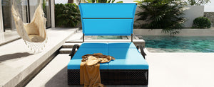 English Elm U_style Outdoor Double Sun Lounger Hdpe Wicker Steel Frame with Canopy Pop up Tables Blue WY000485AAC