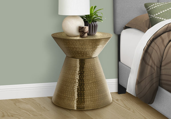 English Elm Accent Drum End Table with Hammered Metal Finish — 22" Handcrafted Cone Shape for Chic Living Spaces Gold 23 L x 23 W x 19 H B2710P219458