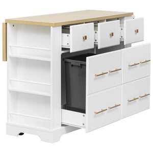 English Elm K&K Rustic Kitchen Island Cart with 6 Drawers, Pull-Out Trash Cabinet, Drop Leaf & Built-In Charging Station White N707P307292W