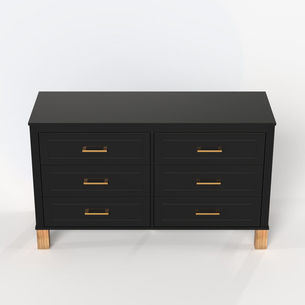 English Elm 6-drawer Double Dresser Solid Wood Legs Mid-century Modern Bedroom Storage Cabinet Black W1445S00006