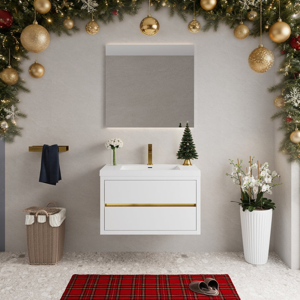 English Elm 36&30" Floating Bathroom Vanity Stone Resin Sink Soft Close Glossy White Storage W1573S00087