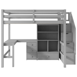 English Elm Full Full Size Loft Bed with L-Shaped Desk, Drawers, Cabinet and Staircase Storage for Space-Saving Rooms Gray GX000469AAE