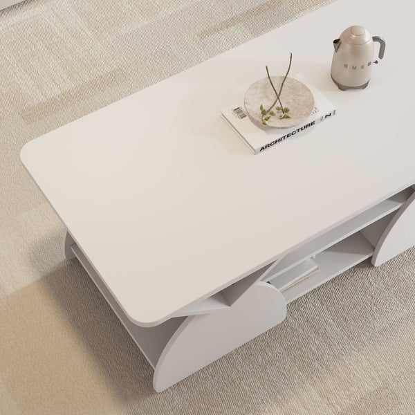 English Elm Engineered rounded corner rectangular coffee table with 6 cubbies, spacious tabletop, durable melamine finish White W2899P372759