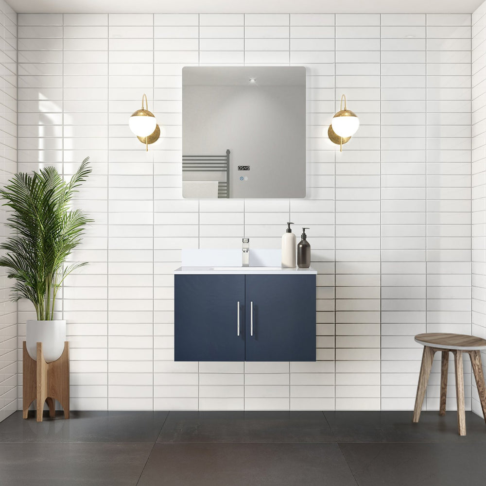 English Elm Navy Wood Bath Vanity 30" W x 22" D with White Quartz Top, Soft-Close Storage & Chrome Faucet Set B2731P258583