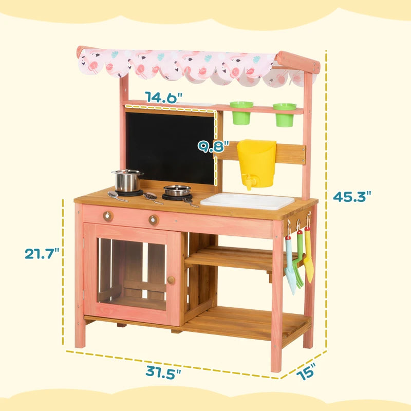 English Elm Wooden Kids Mud Kitchen Outdoor Fir Play Set with Dual Sinks Chalkboard and Canopy T3971P480624