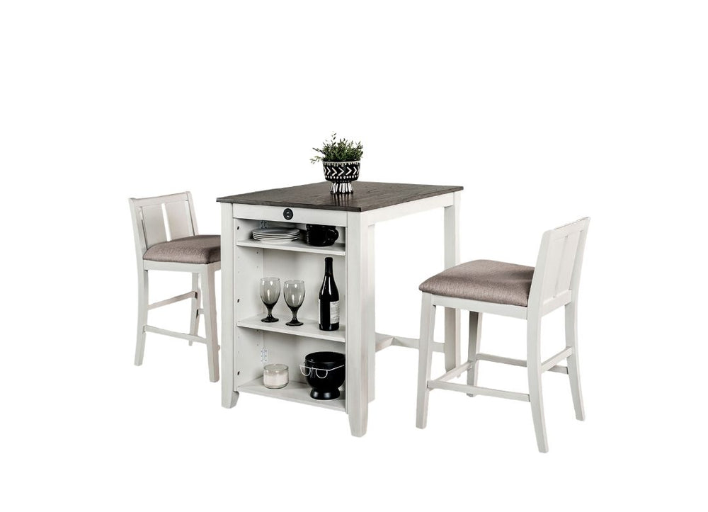 English Elm White Transitional 3pc Counter Height Dining Set with USB Port, Storage Shelves & Padded Seats, Gray Finish B2741P381485