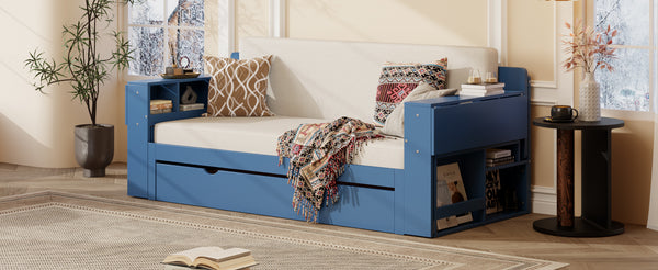 English Elm Queen Daybed with Hydraulic Desk Storage Drawers and Convertible Sofa for Small Spaces Blue LT000272AAC