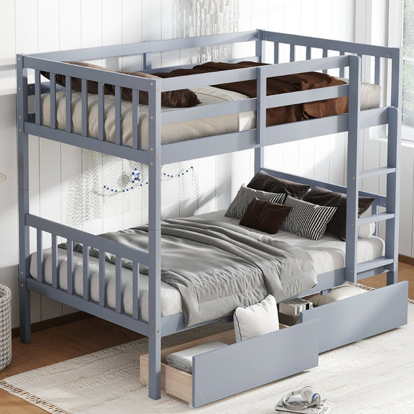 English Elm Twin Bunk Bed With Drawers - Space-Saving Convertible Twin Over Twin Design In Grey With Safety Features W504S00198-GIGA