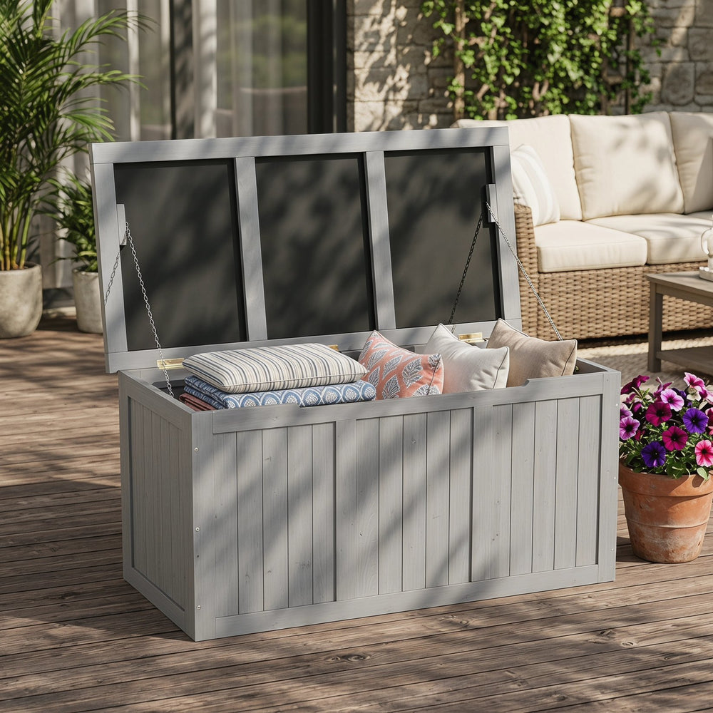 English Elm 67 Gallon Solid Wood Outdoor Deck Box with Seat and Tabletop for Patio Storage W2640P327221