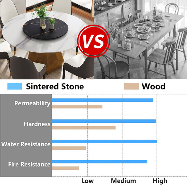 English Elm 59.05" Round Marble Dining Table With Metal Base, Seats 6-8, Stylish Black & White Finish, Turntable W1535S00373