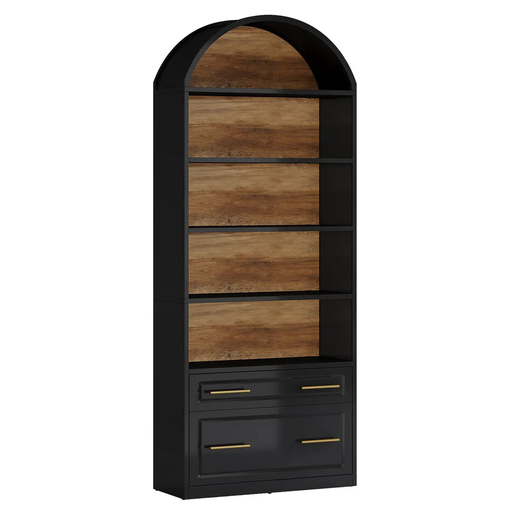 English Elm Open Five Tier Industrial Bookshelf with Steel Frame and Warm Brown Wood Finish T3971P456697