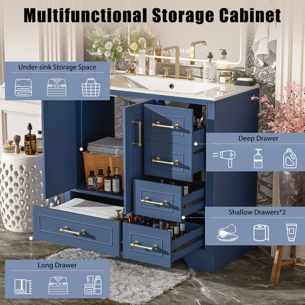 English Elm 36" Traditional Bathroom Vanity with Ceramic Sink, Solid Wood Cabinet, Soft-Close Doors & Drawers Blue N729P251630C