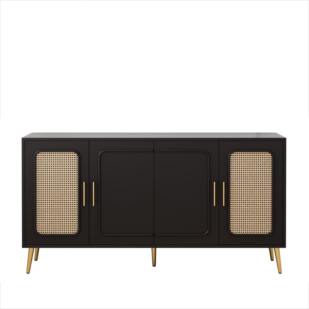 English Elm 59.84" Vintage Four-Door Cabinet with Plastic Rattan Panels, Black MDF Storage Console, Sturdy W757P203147