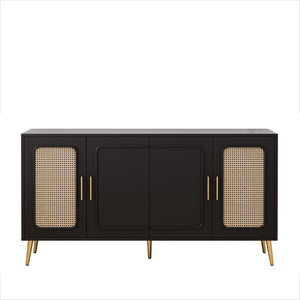 English Elm 59.84" Vintage Four-Door Cabinet with Plastic Rattan Panels, Black MDF Storage Console, Sturdy W757P203147