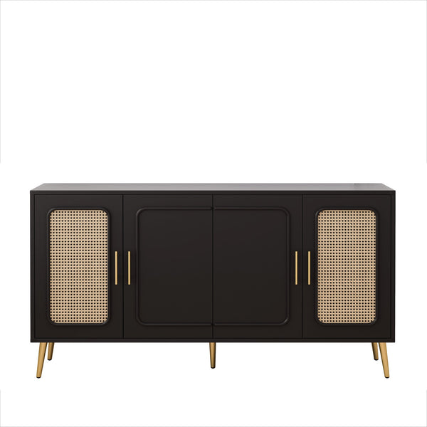 English Elm 59.84" Vintage Four-Door Cabinet with Plastic Rattan Panels, Black MDF Storage Console, Sturdy W757P203147