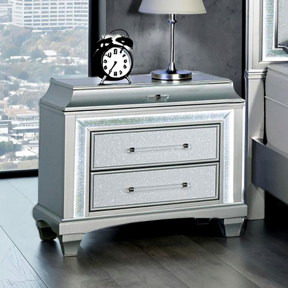 English Elm Glam Nightstand with Led Accent Lighting Faux Crystal Trim and Acrylic Pulls Gray B2741P430424