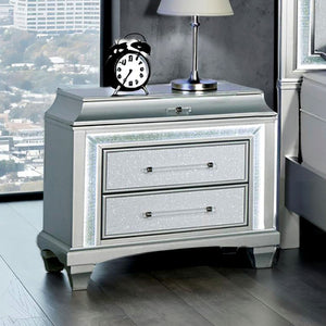 English Elm Glam Nightstand with Led Accent Lighting Faux Crystal Trim and Acrylic Pulls Gray B2741P430424