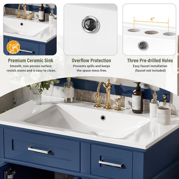 English Elm 30" Freestanding Bathroom Vanity Ceramic Sink Soft Close Cabinet Gray Wood Frame Blue N729P427118C