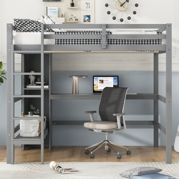 English Elm Full Size Loft Bed With Under-Bed Desk And Stylish Shelves For Space-Saving Bedroom Solutions N7090005004E