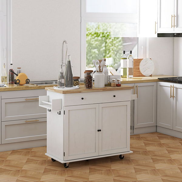 English Elm Homcom Farmhouse Rolling Kitchen Island Cart On Wheels With Storage, Rubberwood Top, And Spice Rack W2225P200645