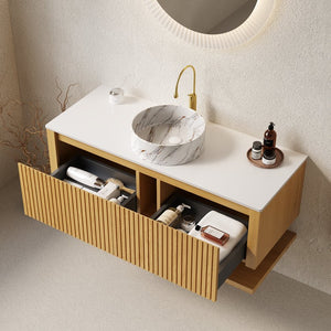 English Elm Hizon 48" Wall-Mounted Bathroom Vanity With Sintered Stone Top & Soft-Close Drawers, Corolla Oak Finish W2615S00480