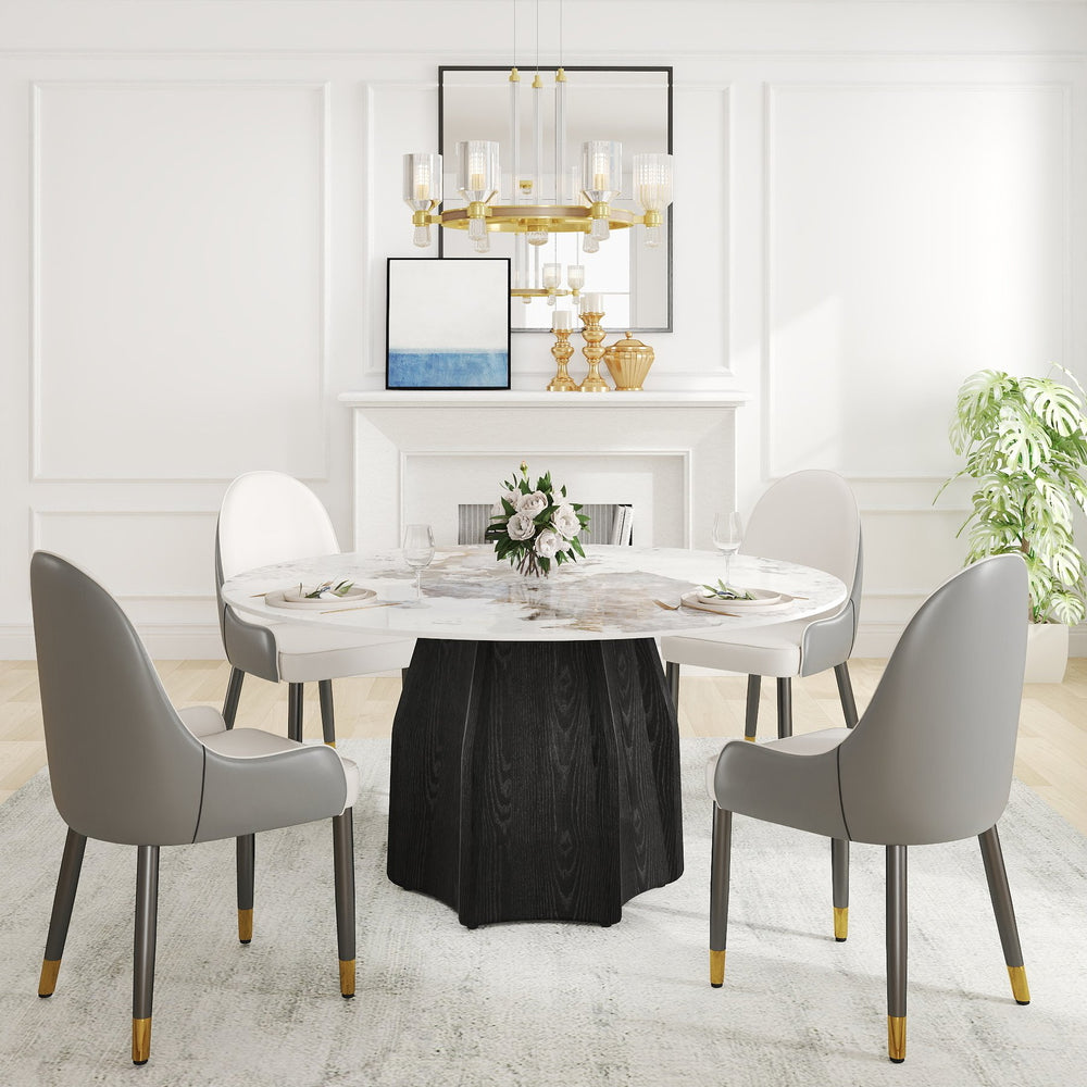 English Elm 59.05" Round Marble Dining Table For 6-8 People - Modern Artificial Stone With Black Oak Base W1535S00459