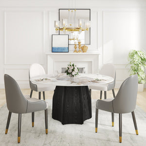 English Elm 59.05" Round Marble Dining Table For 6-8 People - Modern Artificial Stone With Black Oak Base W1535S00459