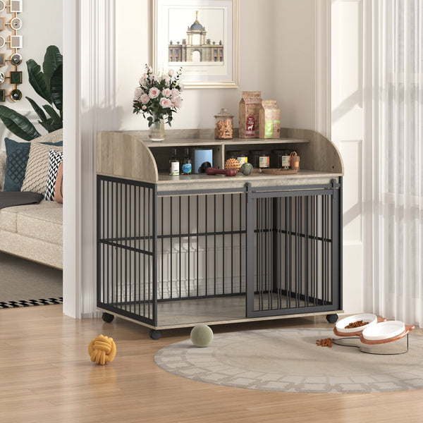 English Elm GO Furniture-Style Dog Crate 44" Gray End Table Kennel with Sliding Barn Door, Storage Shelves, Wheels WF323360AAE