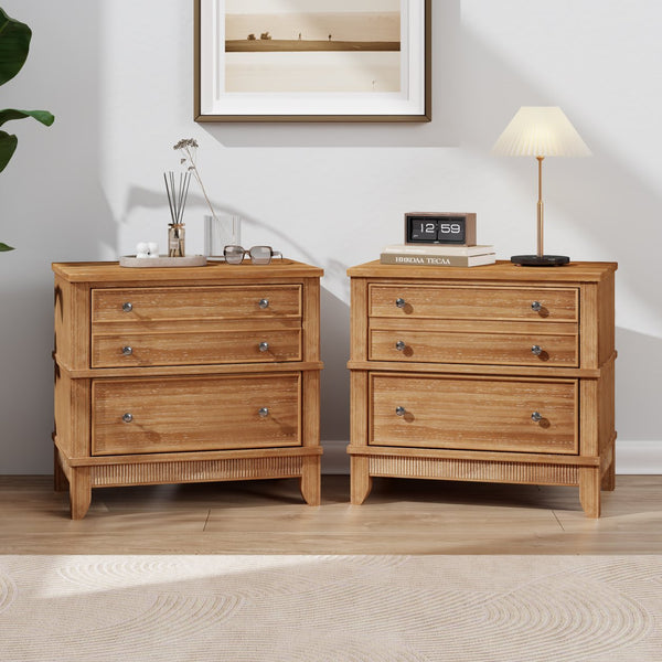 English Elm Hazel 3-Drawer Side Table Set of 2 — Solid Pine & MDF Nightstands, 220lb Top, Silver Handles BS701P183796N