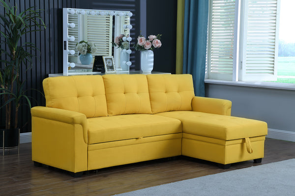English Elm Jardin Linen Upholstered Sleeper Sectional with Reversible Chaise and Hidden Storage Yellow B2749S00009
