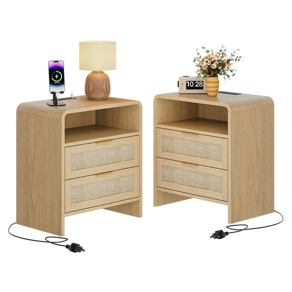 English Elm Rattan Drawer Nightstand Set with Built-in Charging Station and Open Shelf Bedroom Storage Oak W1820P416764