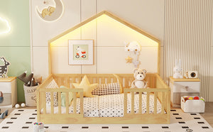 English Elm Twin Montessori Floor Bed House Frame with Led Lighting and Safety Rails for Kids Natural W2593P440609
