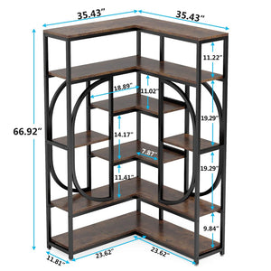 English Elm Industrial Corner Bookshelf Seven Tier L Shaped Metal Frame Wood Toned Home Office T3971P456159