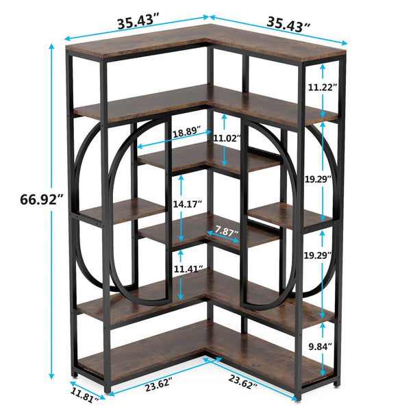 English Elm Industrial Corner Bookshelf Seven Tier L Shaped Metal Frame Wood Toned Home Office T3971P456159