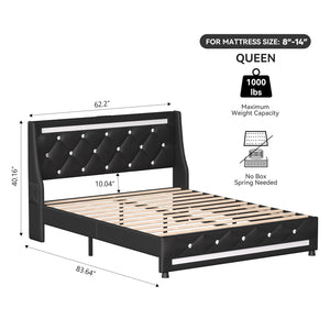 English Elm Queen Smart Bed Frame with Headboard, RGB LED Ambience, Built‑in Charging Ports, Sturdy Slats and Silent Design Black T3825P387380