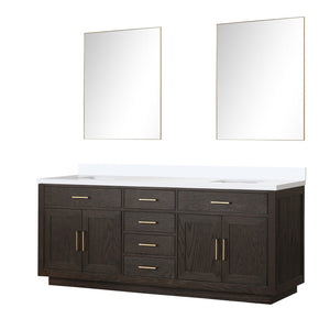 English Elm Brown Oak Double Bath Vanity Set With White Quartz Top & 36" Frameless Mirrors For Timeless Style B2731S01553