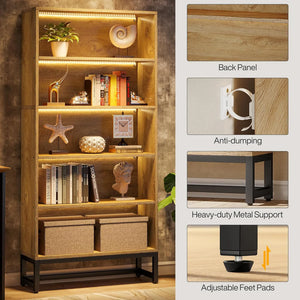 English Elm Storage Bookshelf with Vine Panel Design Seven Open Tiers for Living Room or Office T3971P462633