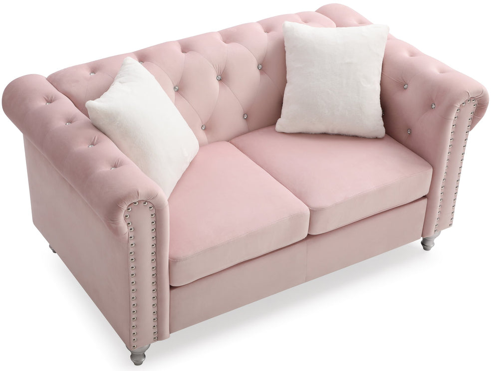 English Elm Cozy Pink Velvet Loveseat with Round Arms, 30"H x 60"W x 34"D, Deep 22.5" Seat for Stylish Comfort and Easy Assembly B078S00104